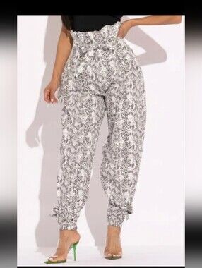High-Waist Snake Print Jogger Pants - White/Grey